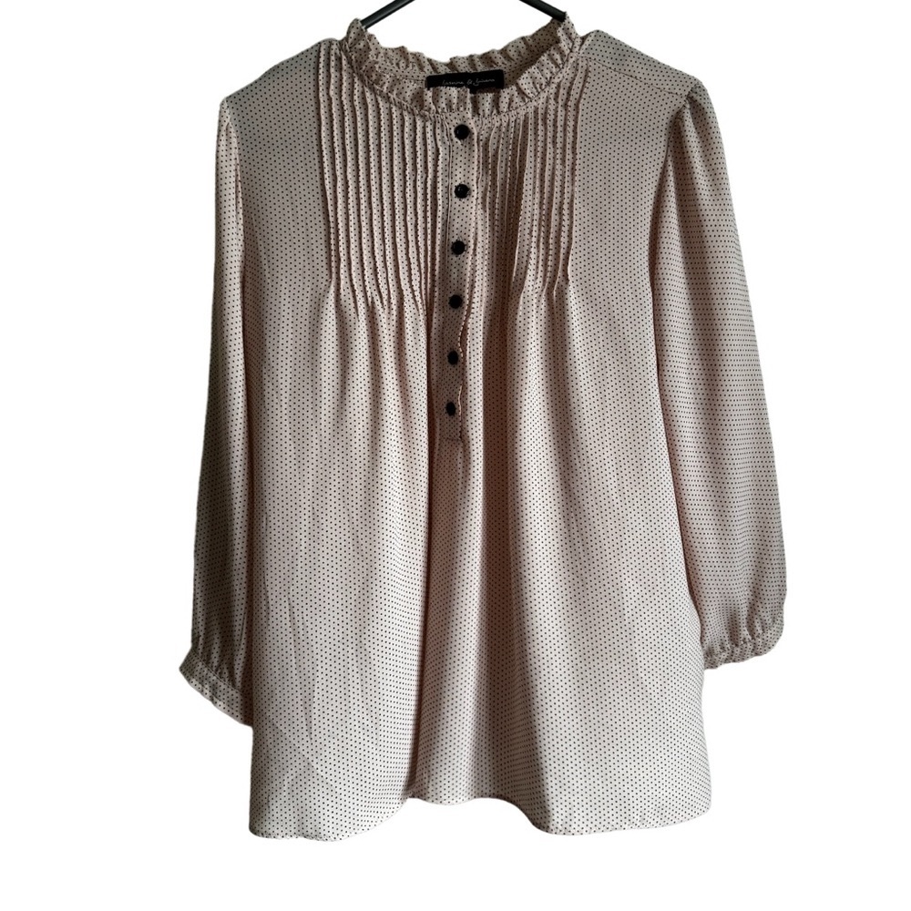 JASMINE & JULIANA Peach W/ Black Micro Dot Button Pleated Sheer Blouse Size L